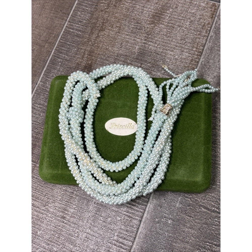 Vintage Blue Cluster Beaded Tassel Necklace Statement Tie Knot Style